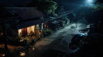 A single car is parked on a dark and narrow street, with a house on the left and lush foliage and trees on the right. The street is illuminated by a streetlight in the distance. photo