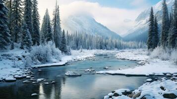 A serene winter scene with a river flowing through a snow-covered forest and mountains in the background. photo