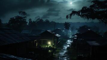 A single light illuminates a dark alleyway in a village at night, the full moon shining through the clouds. photo
