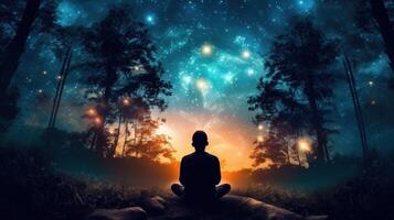 A silhouette of a man meditating in the woods at night under a starry sky. photo
