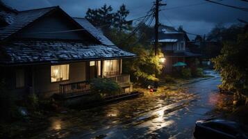 A single house with lit windows sits on a quiet street in the evening rain. The street is wet and reflective, and the trees are silhouetted against the cloudy sky. photo