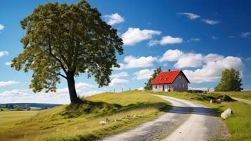 A single-story house with a red roof sits on a grassy hill with a dirt road leading away from it. The house is surrounded by trees and a blue sky. photo