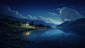 A small cottage sits on the shore of a calm lake surrounded by mountains under a starry night sky. photo
