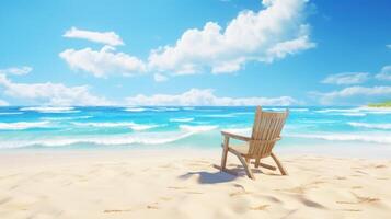 A single wooden chair on a pristine beach with turquoise water and blue skies. photo