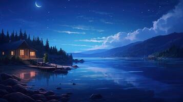 A small cabin sits on the shore of a lake under a starry sky. photo