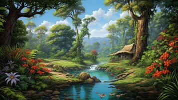 A small cabin sits nestled in a lush green forest, beside a clear blue stream that flows over rocks. photo