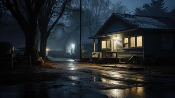 A small cottage with a porch and windows lit up at night, standing in a misty and dark environment. The road in front of the house is wet with rain and reflects the light from the windows. photo