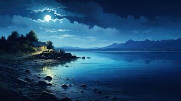 A small cottage with glowing windows sits on a rocky shore, illuminated by the moon and stars in a vast, calm lake, mountains are silhouetted on the far shore. photo