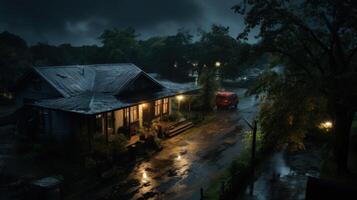 A small house with a porch light stands on a wet street with a red van parked in front of it after a storm. photo