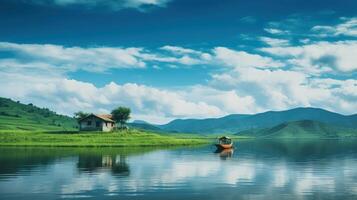 A small house sits on the edge of a still lake with a boat in the water and a lush green hillside in the background, under a blue sky with white fluffy clouds. photo