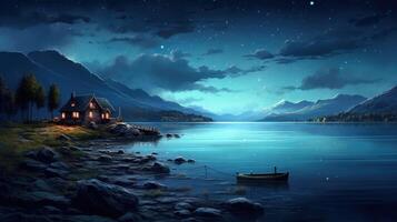 A small cottage with lights on sits on a rocky shore next to a still lake under a starry sky. photo