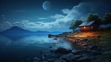 A small wooden cabin on stilts sits on the edge of a lake under a crescent moon and a starry sky. photo