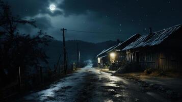 A small village street at night with a full moon and a few houses with light shining from the windows. photo