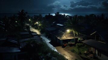 A small village street with palm trees at night under a moonlit sky. photo