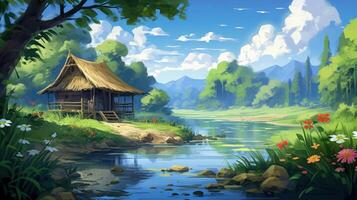 A small wooden cabin nestled in a lush green forest with a river running through it. photo