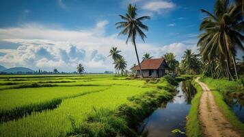 A small hut in the middle of a lush green field, surrounded by palm trees and a small stream. The sky is blue and has some puffy clouds. The path to the hut is visible. photo
