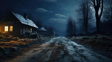 A small wooden cabin with a lit window stands on a quiet dirt road surrounded by trees and a starry night sky. photo