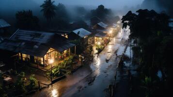 A small village nestled in a misty forest at night. The houses are lit up by streetlights, and the road is wet from recent rain. photo