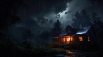 A small wooden cabin glows with warm light in a dark and stormy forest, rain falling and creating puddles in the foreground. photo