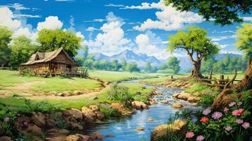 A small wooden cabin sits by a stream, surrounded by lush greenery and flowers, with mountains in the distance under a bright blue sky. photo