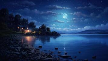 A small wooden cabin with lit windows on the lakeshore under a full moon and starry sky. photo