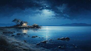 A small wooden cabin with lit windows sits on a rocky peninsula overlooking a calm lake under a moonlit sky. photo