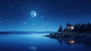 A small, cozy cabin with lights on sits on a rocky shore, lit by the full moon and starry night sky, reflecting on the calm, blue water. photo