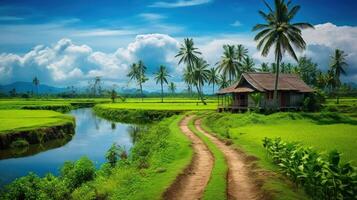 A small wooden hut nestled amidst lush green rice paddies with a winding dirt path leading to it, a sparkling blue river, and a clear blue sky with white clouds. photo