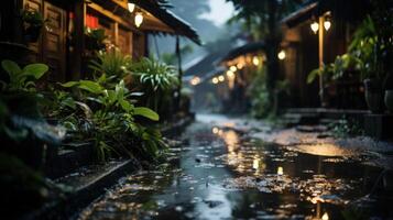 A small, rustic pathway with lights reflecting off of a puddle after a light rain shower. photo