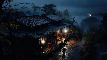 A solitary figure walks along a wet cobblestone path towards a dimly lit wooden house in the forest on a misty night. photo
