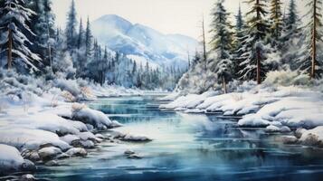 A snow-covered river flows through a snowy forest, with mountains in the background. photo