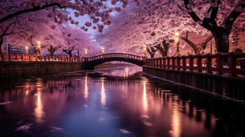 A stone bridge over a canal, lined with cherry blossom trees, in the evening, lit by street lamps. photo