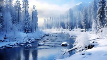 A snowy river flows through a wintery forest with tall pine trees covered in frost and a mountain in the background. photo