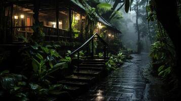 A stone path leading to a dimly lit cabin in the rainforest. photo