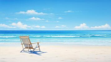 A solitary wooden chair sits on a sandy beach, facing a calm blue ocean with white clouds against a clear sky. photo