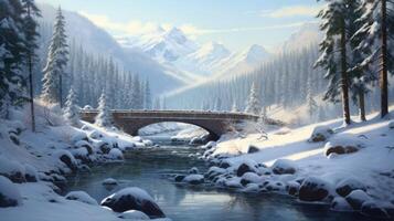 A stone bridge crosses a frozen river in a snow covered mountainous forest on a sunny winter day. photo
