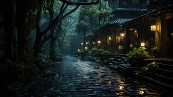 A stone path through a lush, green, and misty forest leads to a mysterious building with glowing lights in the distance. photo