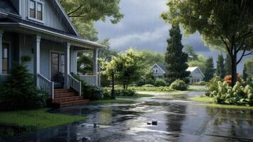 A suburban home with a porch and a front yard, drenched in the rain. The driveway and sidewalk are flooded with water and puddles. photo