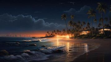 A tranquil beach scene with palm trees and a cityscape in the distance at sunset. photo