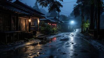 A street in a small town is illuminated by the glow of street lights and the reflection of the moon in the puddles. photo