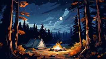 A tent is set up in a forest with a campfire burning in front of it under a starry night sky with a moon shining bright. photo
