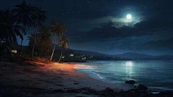 A tranquil beach scene at night with palm trees, a full moon, and the ocean. photo