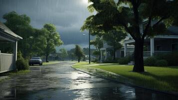 A suburban street in the rain with houses and trees. photo