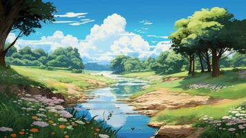 A sunny day in a lush green forest with a clear blue sky, fluffy white clouds, and a winding river flowing through the landscape. photo