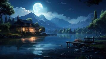 A tranquil cabin nestled in a serene mountain lake setting under a full moon. The reflection of the moon illuminates the water, creating a magical atmosphere. photo