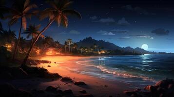 A tranquil night scene with a full moon shining brightly over a calm ocean, palm trees swaying in the breeze, and a small cottage on the shore. photo