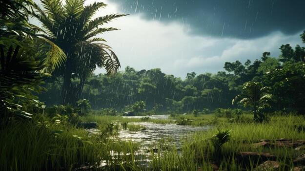 A tranquil river flows through a lush green jungle, with the sky above casting a shadow of rain and the light of the sun shining through the trees. photo