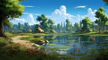 A tranquil lake nestled in a lush forest, with a scattering of wooden houses on the shore. photo
