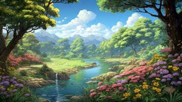 A tranquil river flows through a lush green forest, with vibrant flowers blooming along its banks.  The mountains in the distance and blue sky above create a serene landscape. photo