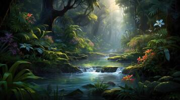A tranquil stream flows through a lush, tropical rainforest, bathed in soft sunlight that filters through the dense canopy. photo